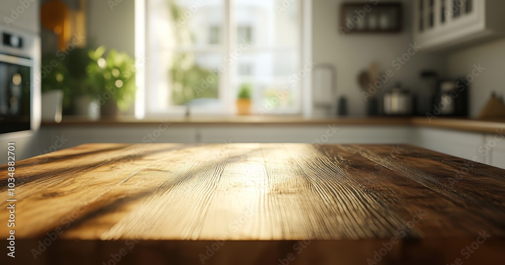 Close up of empty wood table top in a sunny kitchen, perfect for product placement. Close up of empty wood table top in a sunny kitchen, perfect for product placement.
