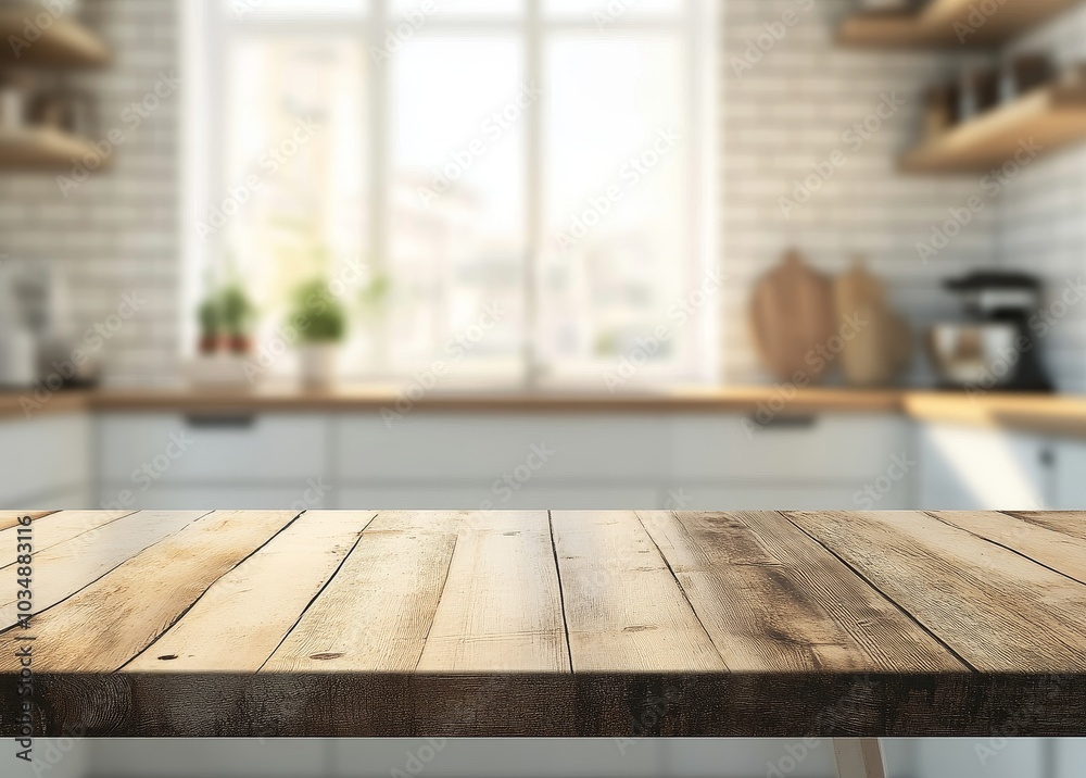 Wooden table top with blurred kitchen background. Wooden table top with blurred kitchen background.