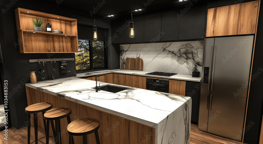 Black and white kitchen with a marble backsplash, island bar, and modern cabinets for an elegant interior design. Black and white kitchen with a marble backsplash, island bar, and modern cabinets for an elegant interior design.
