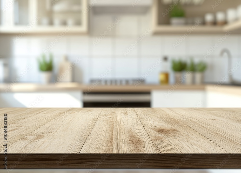 Empty wooden countertop with blurred background of a kitchen with white cabinets and stainless steel appliances. Empty wooden countertop with blurred background of a kitchen with white cabinets and stainless steel appliances.
