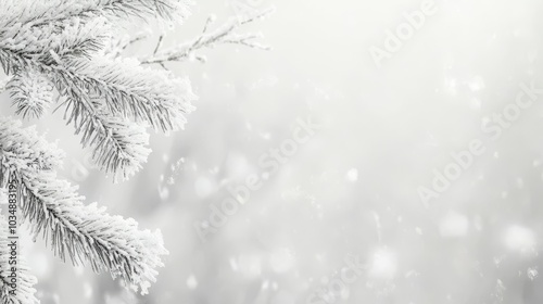 A snowy scene featuring a frosted pine branch against a soft, blurred winter background.