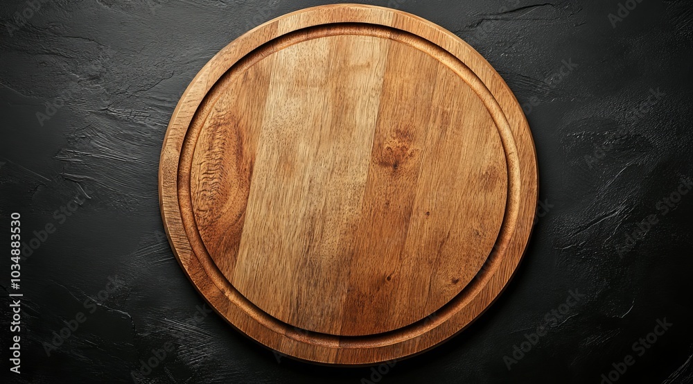 Empty round wooden cutting board on a black background, top view.