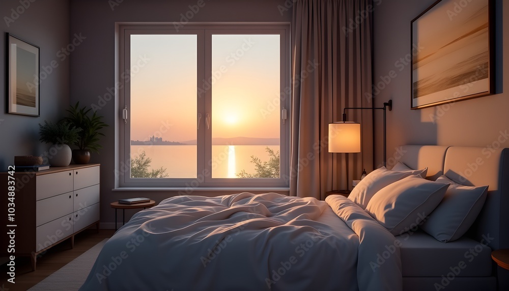 Cozy bedroom with sunset view, promoting relaxation and optimal sleep environment. Cozy bedroom with sunset view, promoting relaxation and optimal sleep environment.