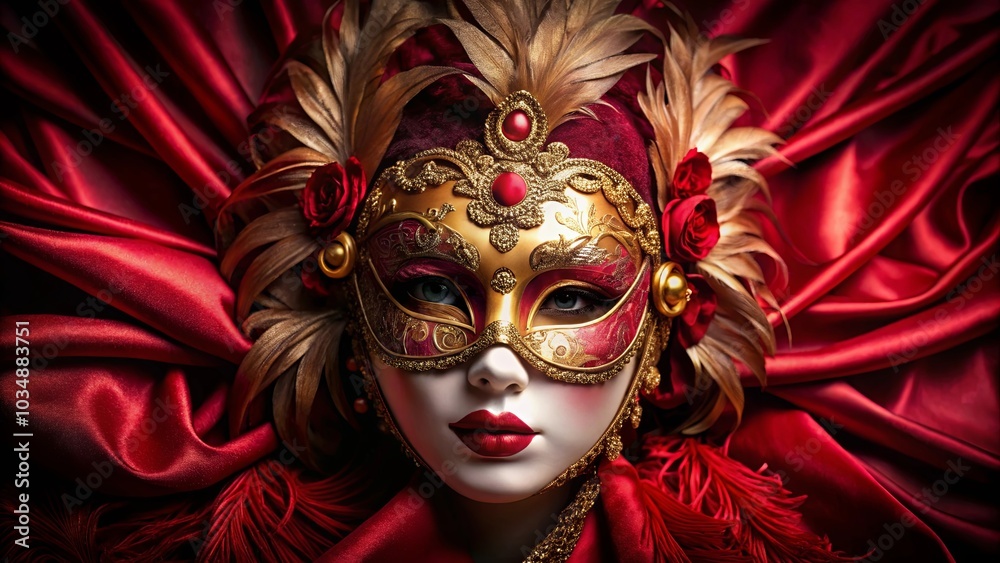 A mysterious and elegant Venetian mask adorned with delicate feathers, shimmering gold, and crimson roses, nestled in a cascade of luxurious red satin. A mysterious and elegant Venetian mask adorned with delicate feathers, shimmering gold, and crimson roses, nestled in a cascade of luxurious red satin.