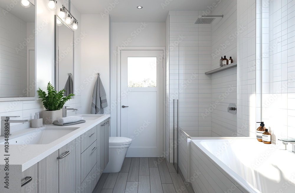 A modern bathroom with white walls, grey tiles on the floor and ceiling, wooden floors, one toilet bowl near wall, sink in front of mirror above wood counter top, bathtub beside curtain at right side A modern bathroom with white walls, grey tiles on the floor and ceiling, wooden floors, one toilet bowl near wall, sink in front of mirror above wood counter top, bathtub beside curtain at right side