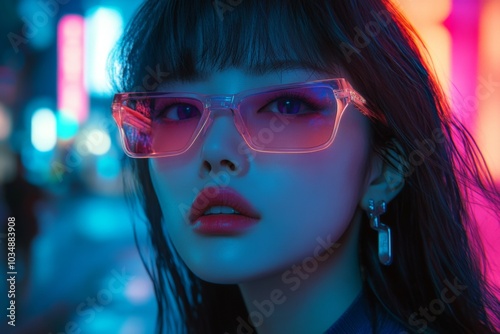 portrait of beautiful asian woman wearing futuristic glasses against neon futuristic city background