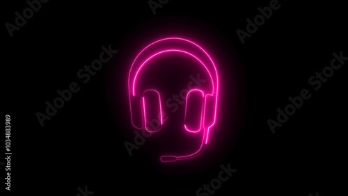 Neon headphones sign on black background. Neon glowing headphones electro house music cover album.