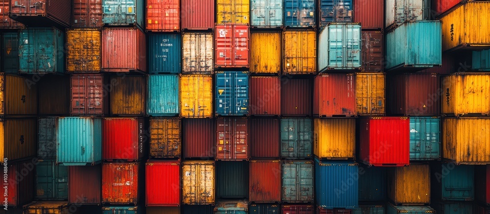Colorful Shipping Containers Stacked in a Geometric Pattern at a Busy Industrial Port Colorful Shipping Containers Stacked in a Geometric Pattern at a Busy Industrial Port