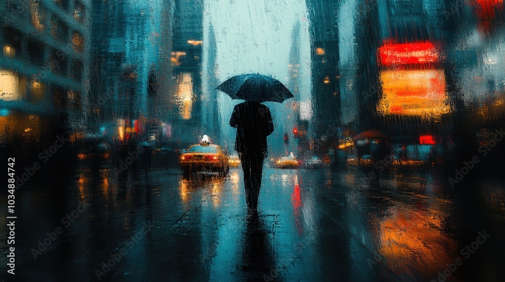 Silhouette of a Person with Umbrella Walking Through a Rainy City Street at Night with Blurred Lights Silhouette of a Person with Umbrella Walking Through a Rainy City Street at Night with Blurred Lights