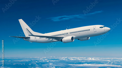 A white passenger plane flying in the sky, vector illustration, simple flat style.