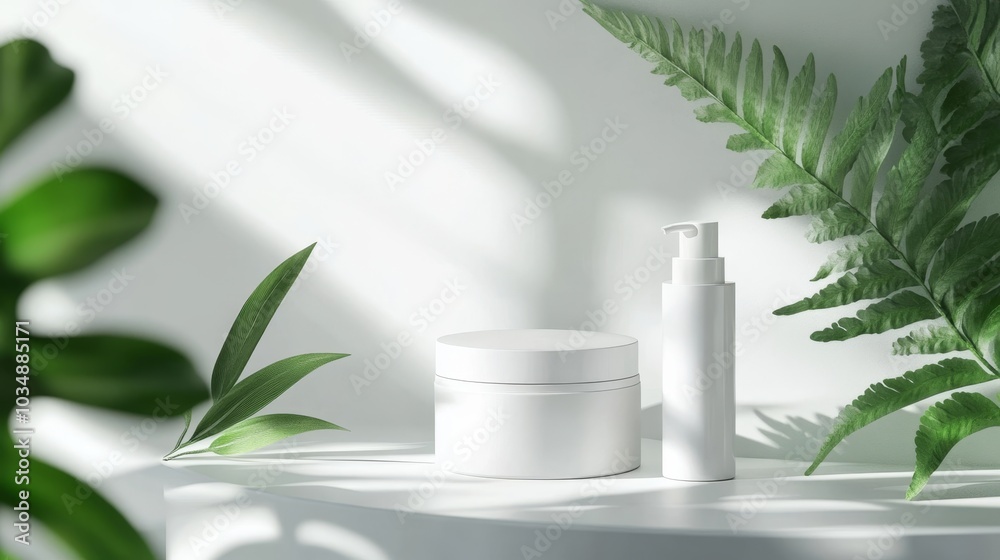 Serene Botanical Design for Beauty and Wellness Product Presentations with Fresh Leaves and Soft Lighting on Minimalist Background Serene Botanical Design for Beauty and Wellness Product Presentations with Fresh Leaves and Soft Lighting on Minimalist Background