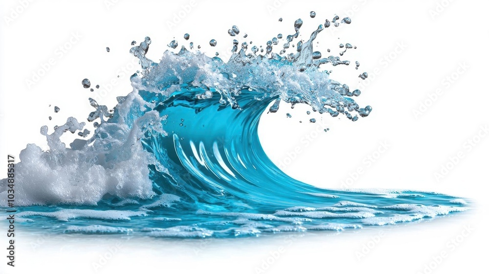A photostock images of a dynamic wave splash with white foam, isolated on white background, High Quality A photostock images of a dynamic wave splash with white foam, isolated on white background, High Quality
