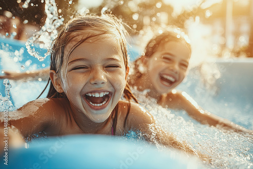 Two young girls having fun sliding down the water slide at an amusement park