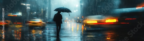 Silhouette of a Person with Umbrella Walking Through a Rainy City Street at Night with Blurred Lights and Reflections