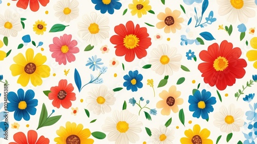 A seamless floral pattern featuring bright and colorful blooms, suitable for wallpaper, fabric prints, or digital backgrounds, creating a cheerful ambiance.