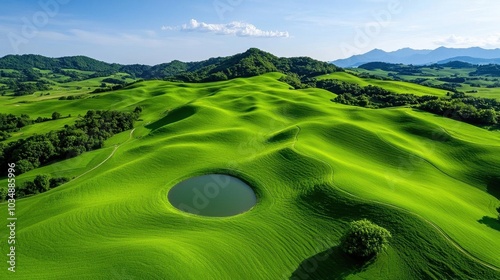 A photostock images of a green hilly landscape with soft lighting, isolated on white background, High Quality photo