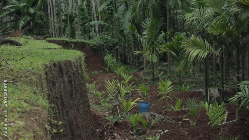 Land in rural area prepared for planting new areca seedlings. Static Land in rural area prepared for planting new areca seedlings. Static