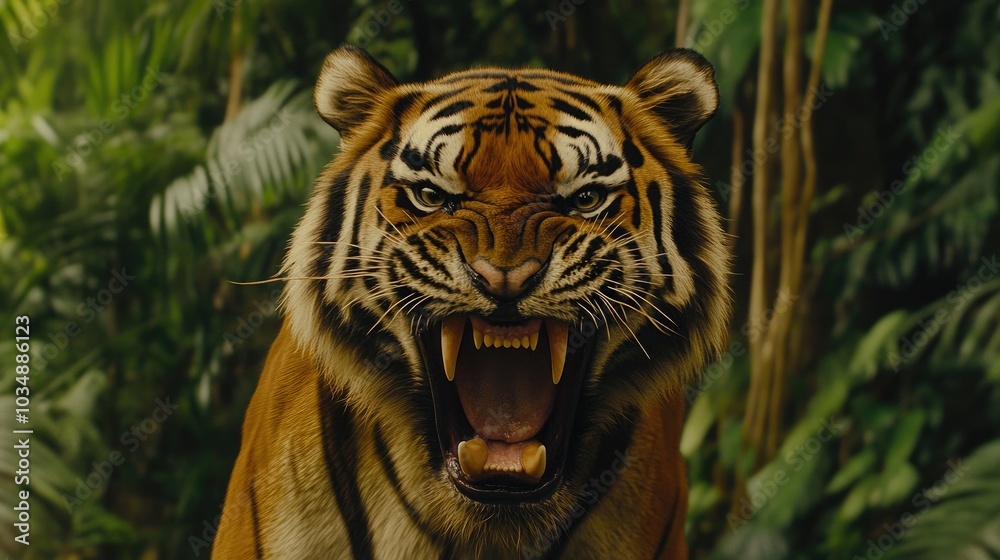 Fototapeta premium Close-up of a roaring tiger, mouth wide open, with sharp fangs clearly visible, set against the dense greenery of a forest, showing raw wilderness power.