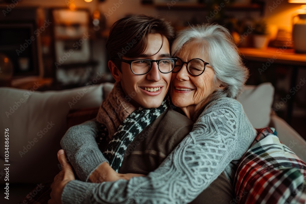 A young man and an elderly woman share a warm hug on a cozy couch during a comforting evening indoors A young man and an elderly woman share a warm hug on a cozy couch during a comforting evening indoors