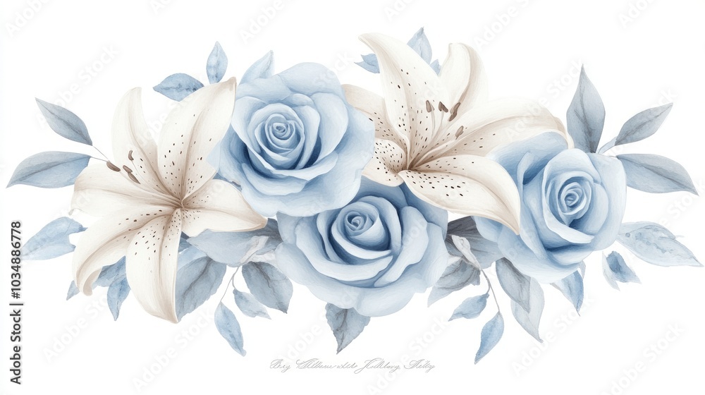 Elegant light blue roses and delicate lilies artistically arranged on a white background, ideal for creating elegant wedding invitation cards.