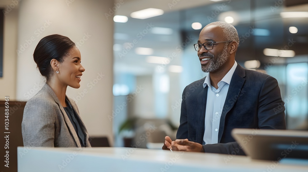 A man and woman smiling while having a conversation in an office setting