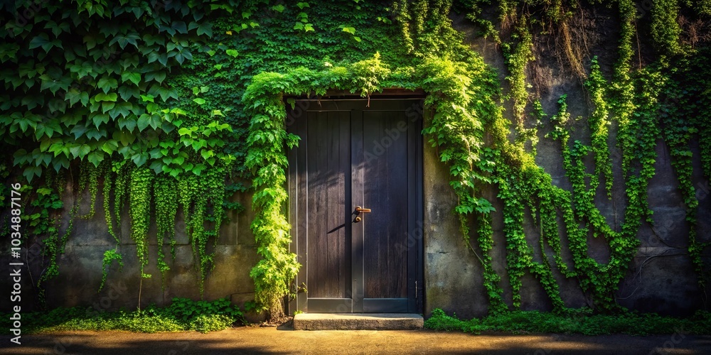 A weathered door, concealed by a verdant tapestry of climbing vines, invites exploration into an unknown realm. A weathered door, concealed by a verdant tapestry of climbing vines, invites exploration into an unknown realm.