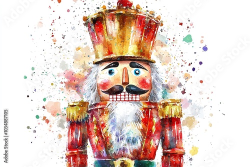 Colorful nutcracker figure with a festive watercolor background.