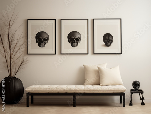 Scandinavian scandi modern minimalist cozy living room interior with fall and halloween decor
 photo