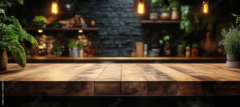 Dark kitchen with wooden table and soft lighting on fuzzy kitchen background. Dark kitchen with wooden table and soft lighting on fuzzy kitchen background.