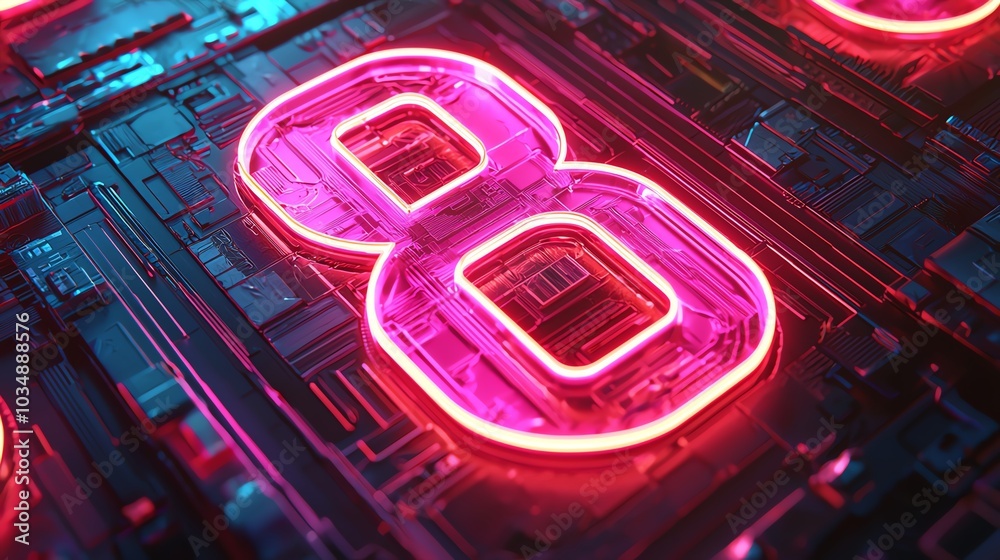 Illuminated number 8 with neon colors on abstract technology background. Illuminated number 8 with neon colors on abstract technology background.