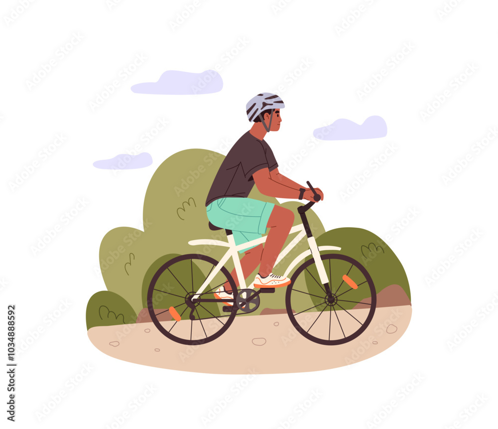 Naklejka premium Black person in safety helmet cycling. Bicyclist rides a bike side view. Happy cyclist training in park. Young man biker drives by bicycle. Flat isolated vector illustration on white background