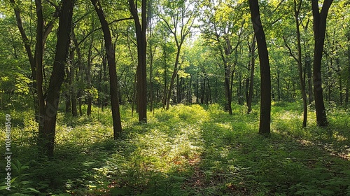 Lush Green Forest with Sunlight Streaming Through Trees