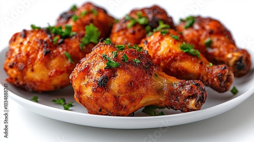 A photostock images of a plate of fried chicken with vegetables, isolated on white background, High Quality