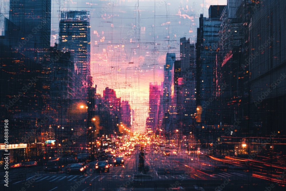 A blurred cityscape with a pink and orange sunset over a city street at dusk. A blurred cityscape with a pink and orange sunset over a city street at dusk.