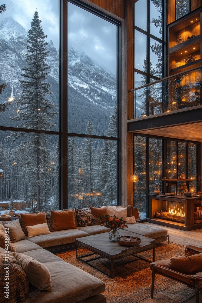 Cozy modern mountain mansion interior with large glass windows overlooking snowy peaks and forest. Warm fireplace glow at night, creating a tranquil and luxurious atmosphere. Cozy modern mountain mansion interior with large glass windows overlooking snowy peaks and forest. Warm fireplace glow at night, creating a tranquil and luxurious atmosphere.