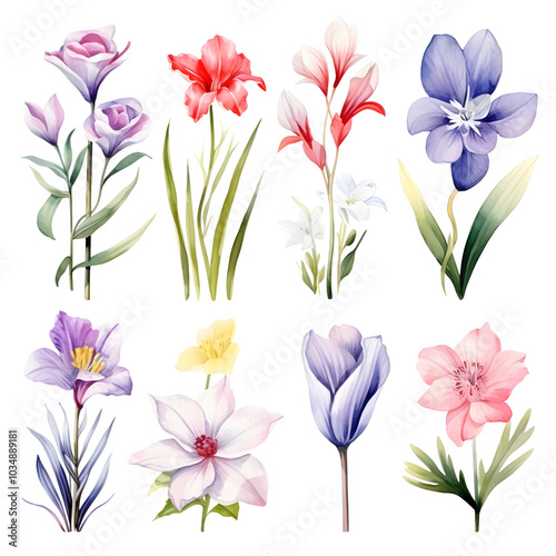 set of watercolor flowers isolated clipart, creative designs and decorative cards or wallpaper projects
