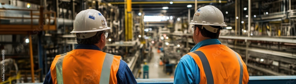 Industrial Workers Overseeing Operations in a Large Manufacturing Facility with Modern Equipment and Machinery Industrial Workers Overseeing Operations in a Large Manufacturing Facility with Modern Equipment and Machinery