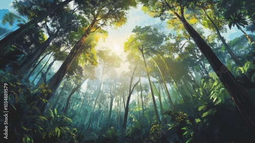 Lush Borneo Rainforest With Sunlight Filtering Through Dense Canopy
 photo