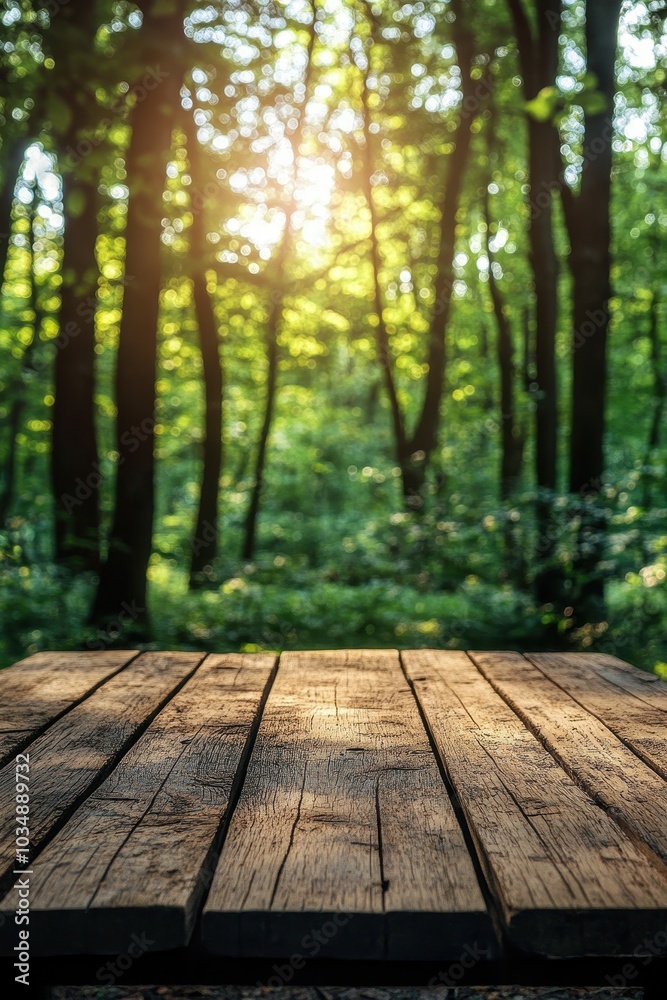 Sunlit Wooden Table in a Serene Forest Setting with Sunlight Filtering Through Lush Green Trees Sunlit Wooden Table in a Serene Forest Setting with Sunlight Filtering Through Lush Green Trees