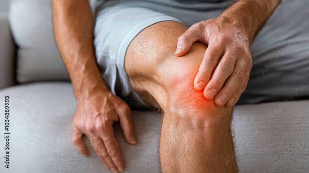 Fototapeta premium Digital composite of highlighted knee of a man with knee pain. AI generative.