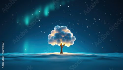 A Christmas tree made entirely of glowing crystals in the middle of a snowy forest, A serene tree illuminated by the aurora in a starry night sky, creating a dreamy and magical landscape.