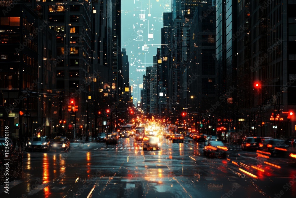 A bustling city street at night with traffic lights and blurred car lights. A bustling city street at night with traffic lights and blurred car lights.