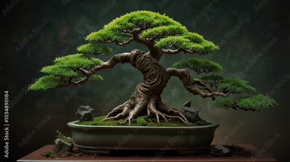 A bonsai tree with green foliage and gnarled branches sits in a ceramic pot. A bonsai tree with green foliage and gnarled branches sits in a ceramic pot.