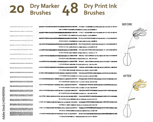 Set of 20 dry marker + 48 dry roller ink art brushes with unique texture for poster print, story book, animation/illustration. Compatible with Adobe Illustrator CS6 and above.