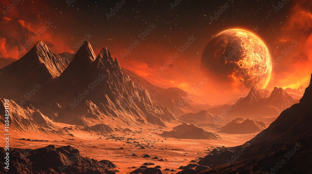 Obraz premium Red planet with arid landscape, rocky hills and mountains, and a giant Mars-like moon at the horizon, for space exploration and science fiction backgrounds.