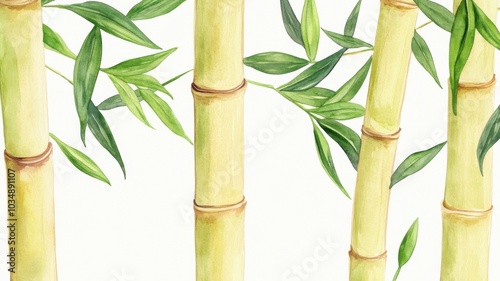 A painting of bamboo trees with green leaves