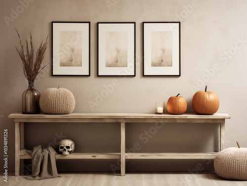 Scandinavian scandi modern minimalist cozy living room interior with fall and halloween decor
 photo