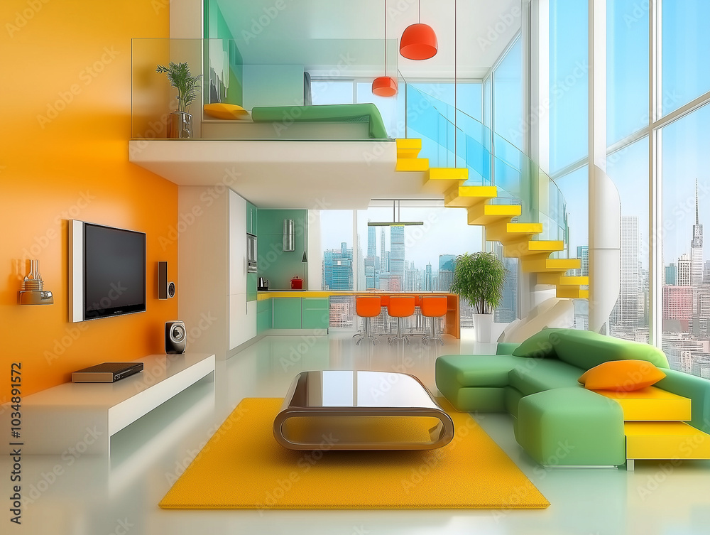 Moderne Maisonette, Loft, Küche, Schlafzimmer im Obergeschoss, Wohnzimmer mit schöner Aussicht auf die Stadt, grünes Sofa, Fernseher, Treppe an der Seite, orange-gelber Teppich, moderne Wand Moderne Maisonette, Loft, Küche, Schlafzimmer im Obergeschoss, Wohnzimmer mit schöner Aussicht auf die Stadt, grünes Sofa, Fernseher, Treppe an der Seite, orange-gelber Teppich, moderne Wand