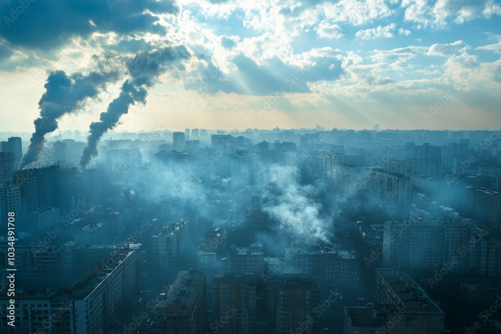 Fototapeta premium Air Pollution with smoke and haze in the city