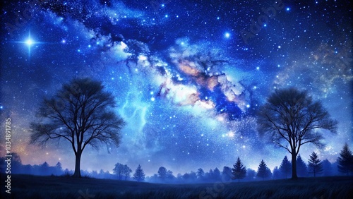 A Solitary Tree Stands Tall Against a Canvas of Night Sky, Adorned with a Million Shimmering Stars